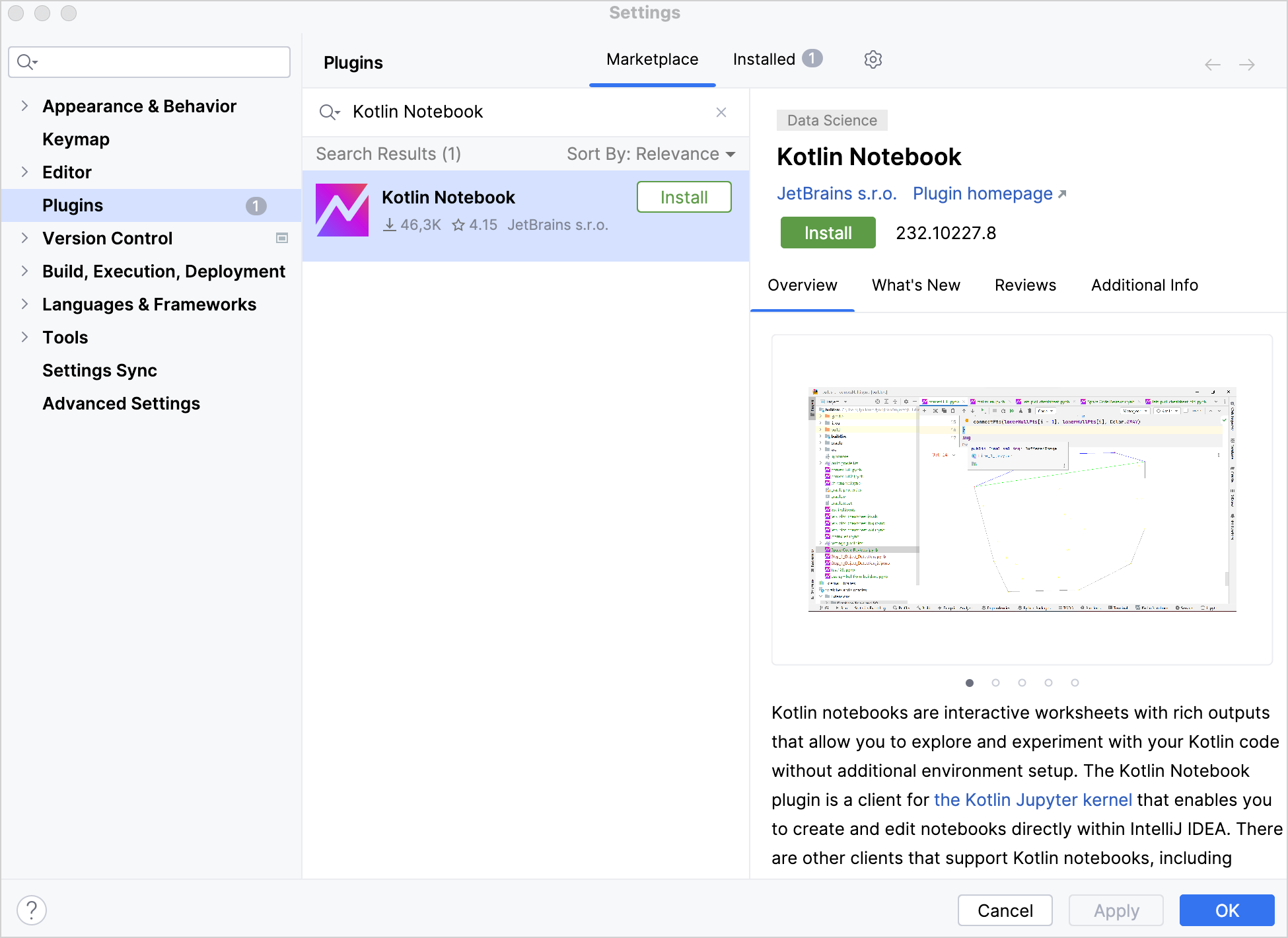 Install Kotlin Notebook from the marketplace